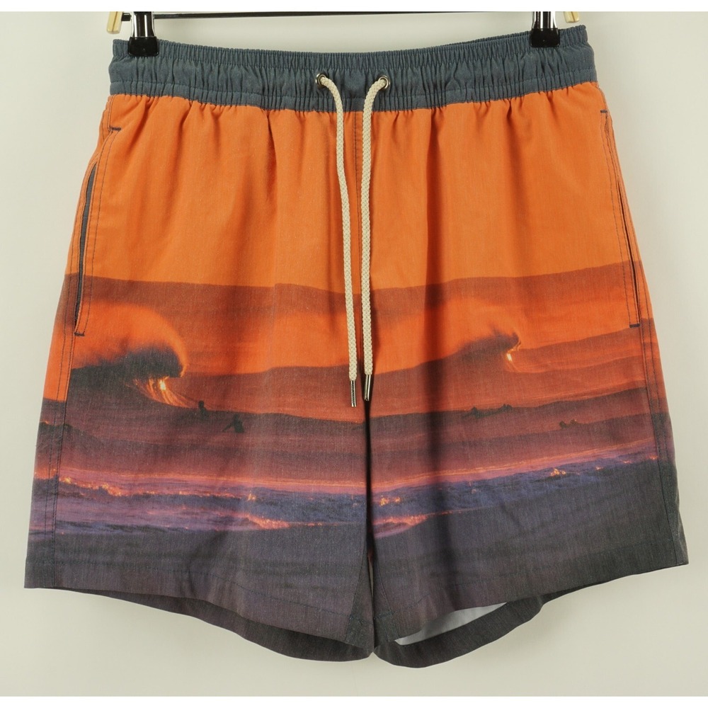 Fair Harbor The Bayberry Trunk 7" Men Large Orange Sunset Waves Surf Scene Lined